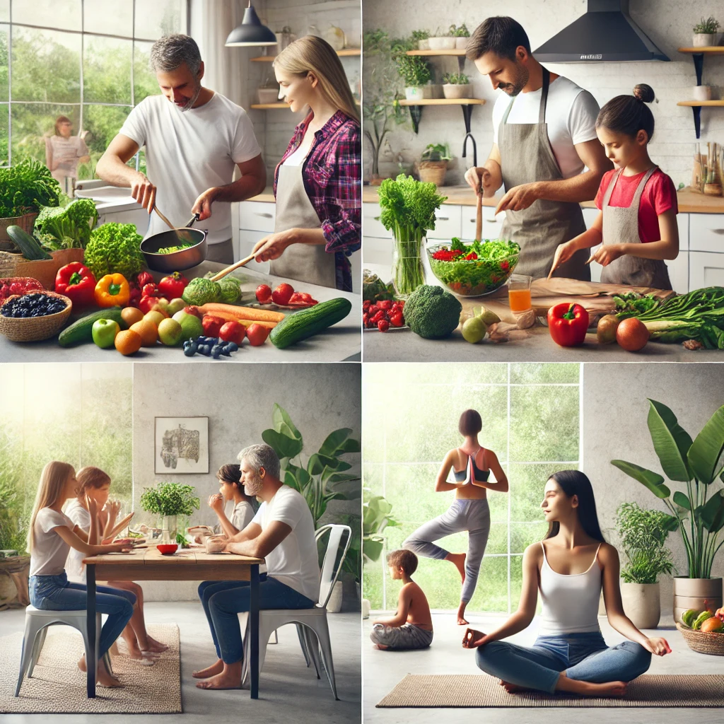Personas de diferentes edades practicando una dieta antiinflamatoria: una familia cocinando verduras frescas en una cocina moderna, amigos disfrutando de comidas saludables como frutas y ensaladas al aire libre, y un individuo meditando cerca de alimentos naturales. La imagen representa un estilo de vida saludable centrado en la alimentación consciente y el bienestar