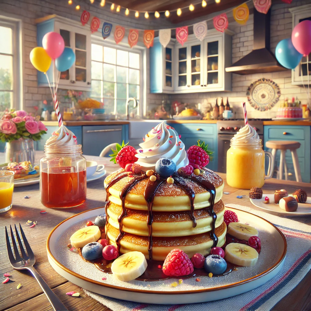 Pancakes esponjosos cubiertos con frutas frescas, chocolate y crema batida en un ambiente festivo de cocina
