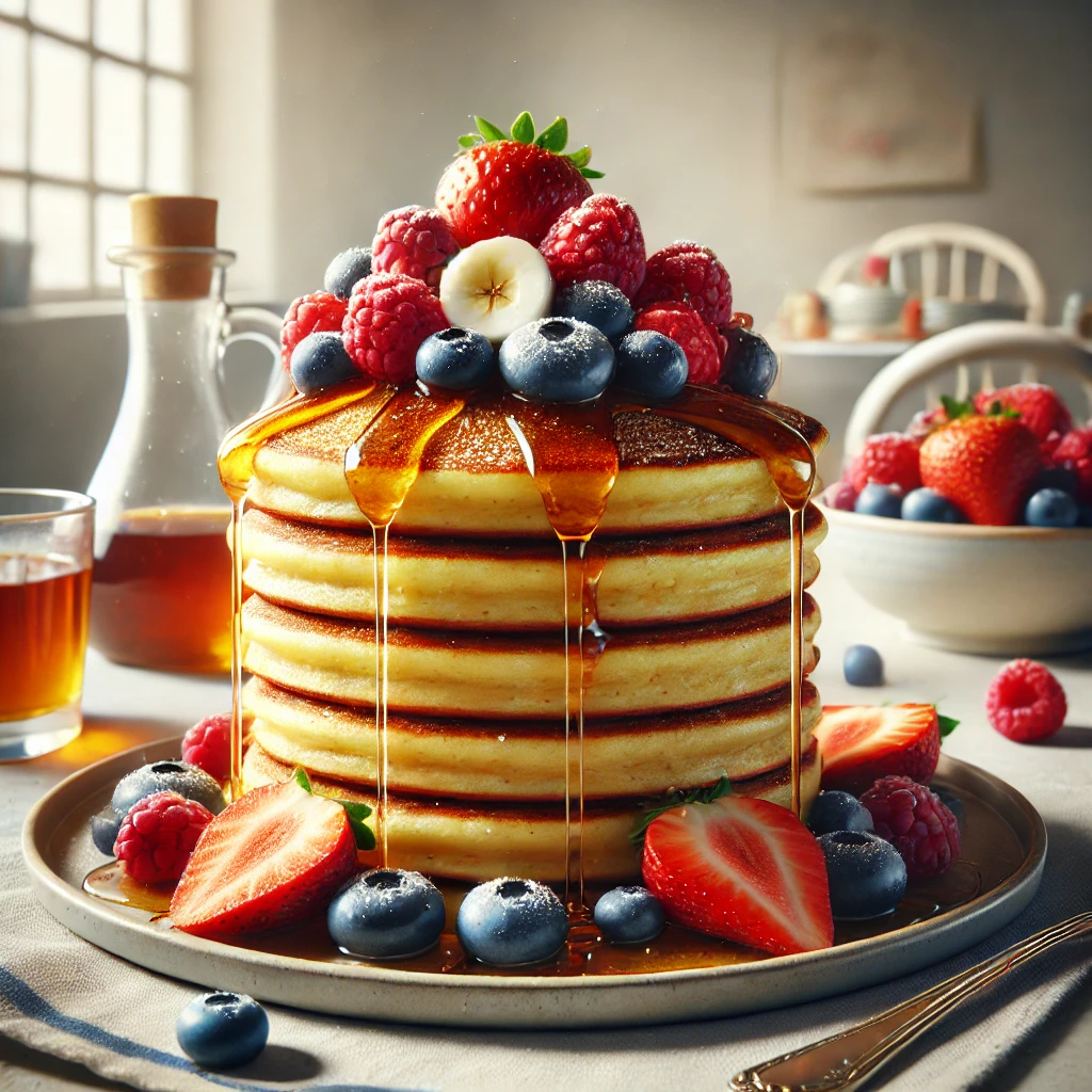 Pancakes keto de coco y vainilla con frutos rojos frescos