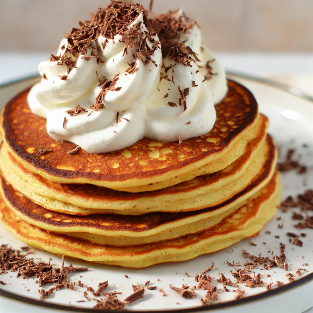 Pancakes keto de harina de almendra con nata montada y virutas de chocolate sin azúcar