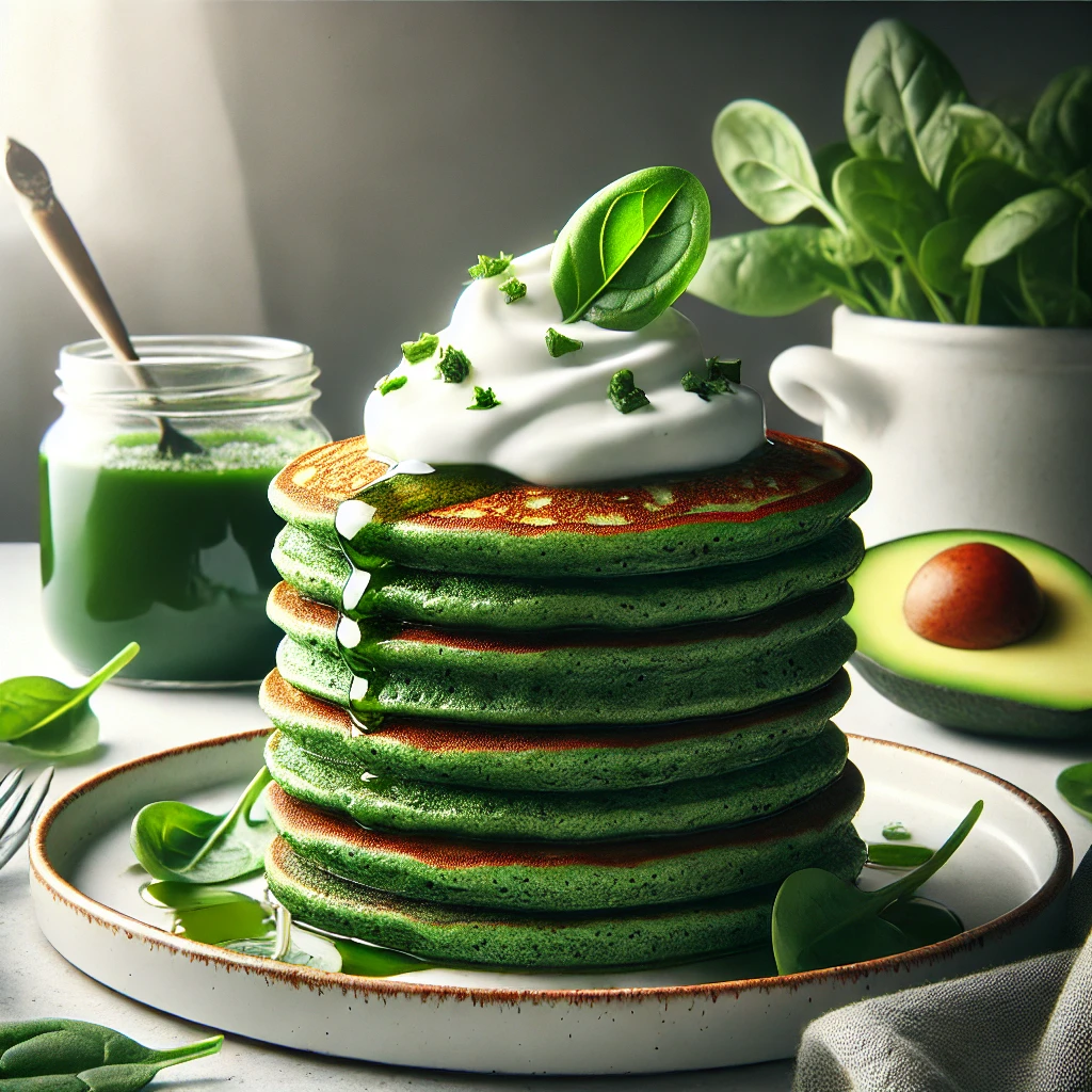 Pancakes keto verdes de espinaca y aguacate con salsa de yogur sin azúcar