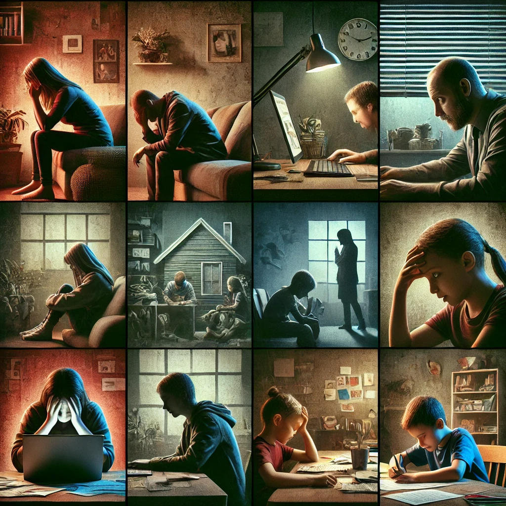 Personas de diferentes edades experimentando ansiedad en casa, trabajo y escuela