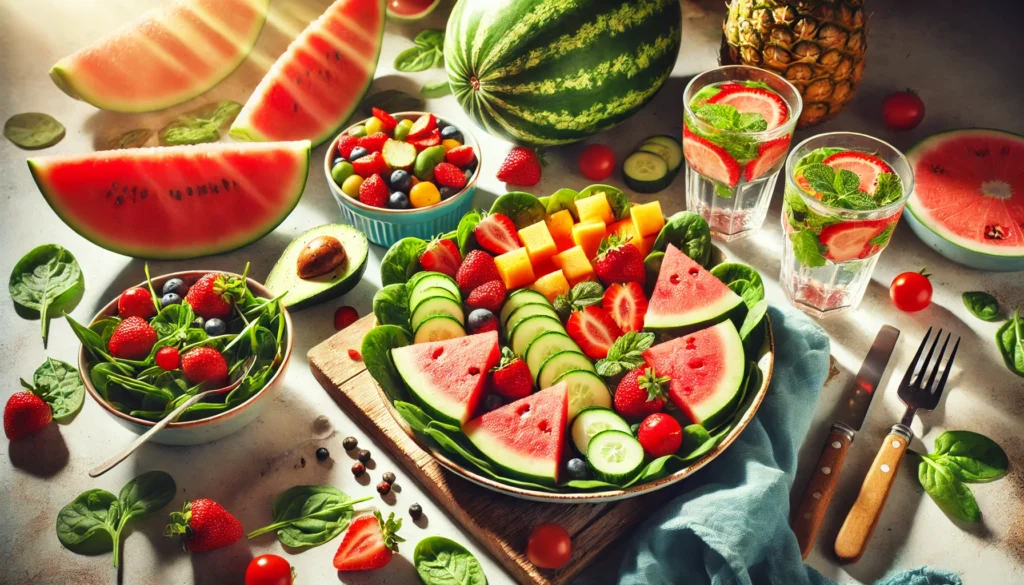 Frutas y vegetales frescos en verano para una alimentación saludable, incluyendo sandía, melón, pepinos y fresas en una mesa luminosa