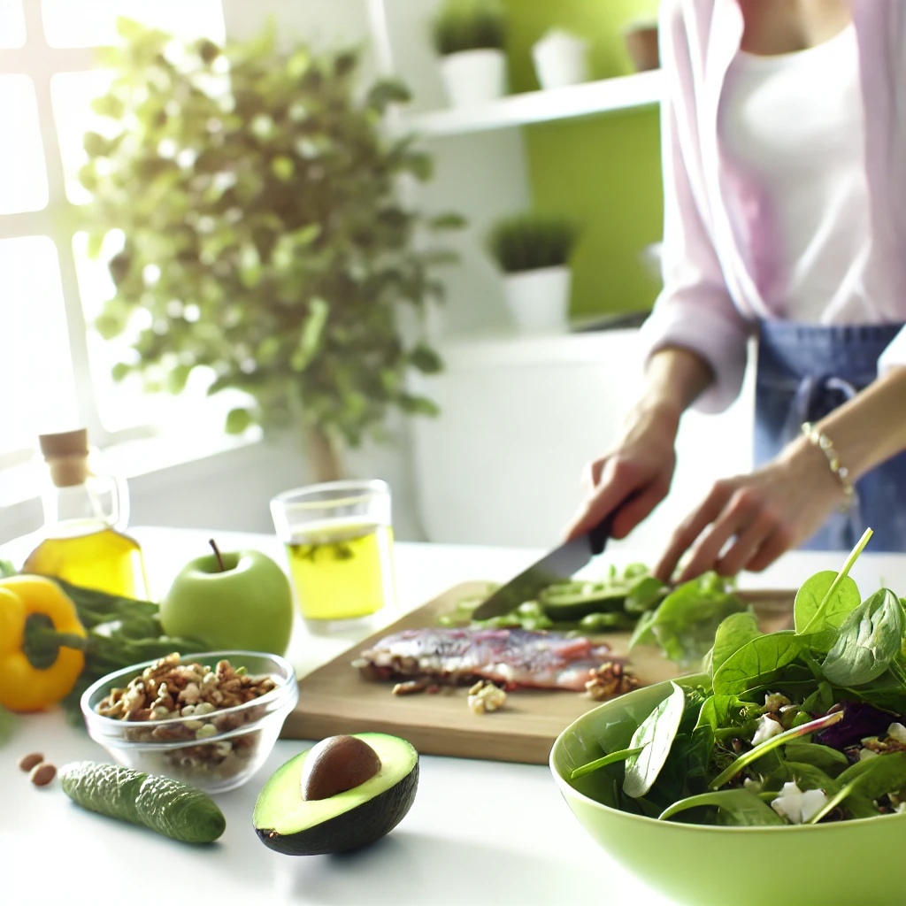 Persona preparando una ensalada con ingredientes frescos como aguacate, nueces y pescado, destacando una alimentación saludable para el bienestar mental