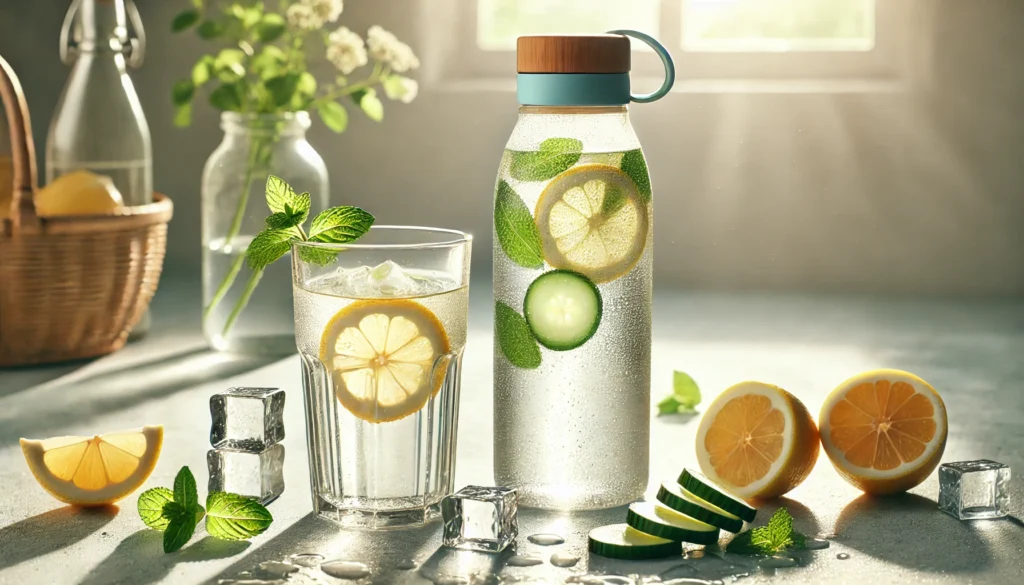 Vaso y botella de agua con rodajas de limón y menta para una hidratación óptima en verano