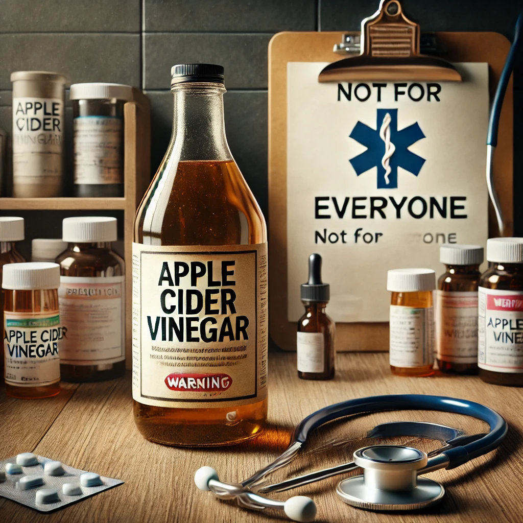 Botella de vinagre de manzana junto a un cartel de advertencia y elementos médicos en una cocina