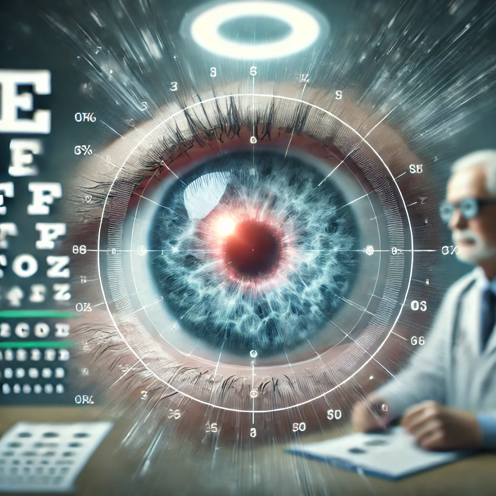 Visión central borrosa y distorsionada causada por la degeneración macular, con equipo de examen ocular al fondo