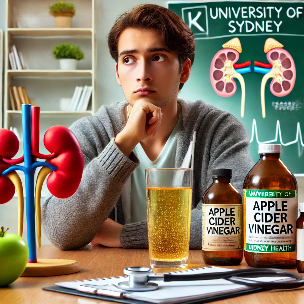 Persona preocupada sosteniendo un vaso de vinagre de manzana en una mesa, junto a elementos médicos relacionados con la salud renal