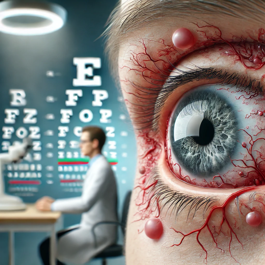 Visión distorsionada con manchas oscuras causadas por retinopatía diabética, con equipo de examen ocular al fondo
